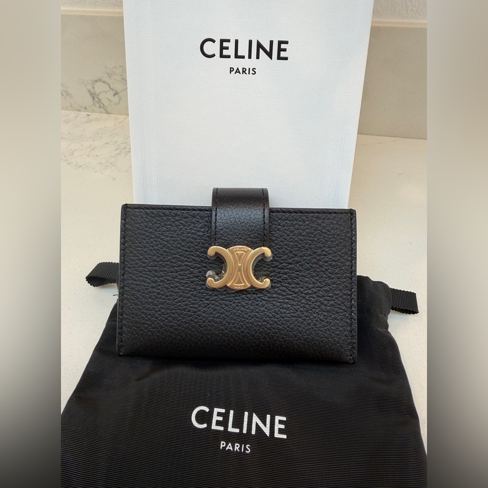 Brand New CELINE Accordion Nino Card Holder with Black Leather Gold Hardware